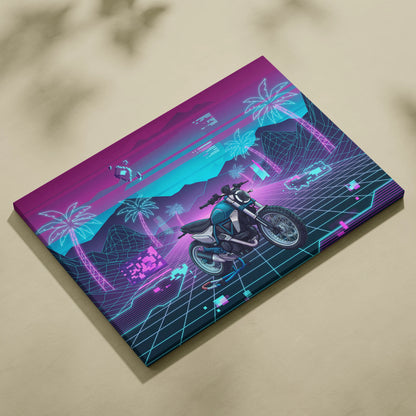 Ducati Scrambler Inspired Teal Pink Vaporwave Motorcycle Canvas Wall Art Neon Grid Retro Bike Artwork Cyberpunk Garage Decor