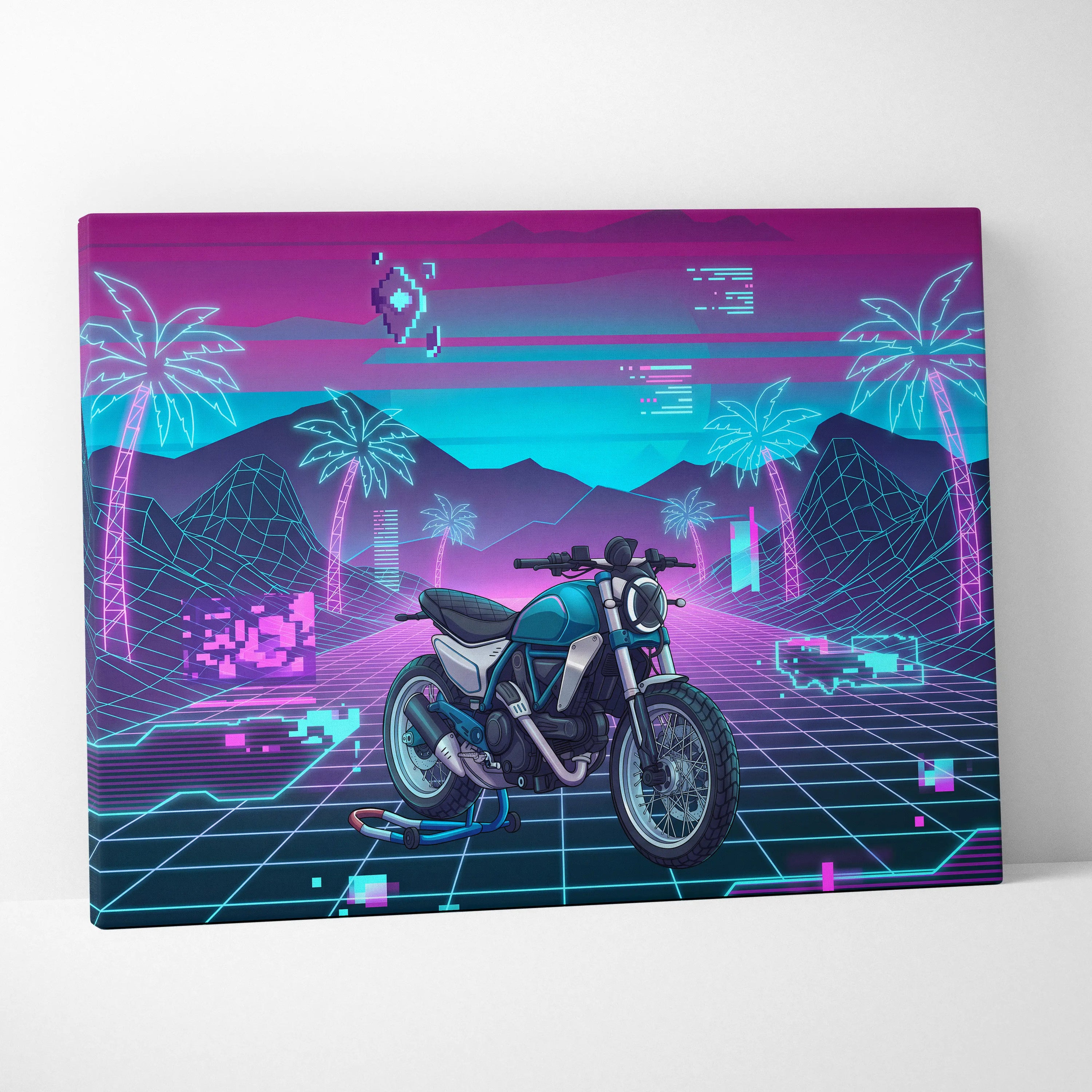 Ducati Scrambler Inspired Teal Pink Vaporwave Motorcycle Canvas Wall Art Neon Grid Retro Bike Artwork Cyberpunk Garage Decor