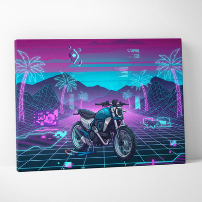 Ducati Scrambler Inspired Teal Pink Vaporwave Motorcycle Canvas Wall Art Neon Grid Retro Bike Artwork Cyberpunk Garage Decor