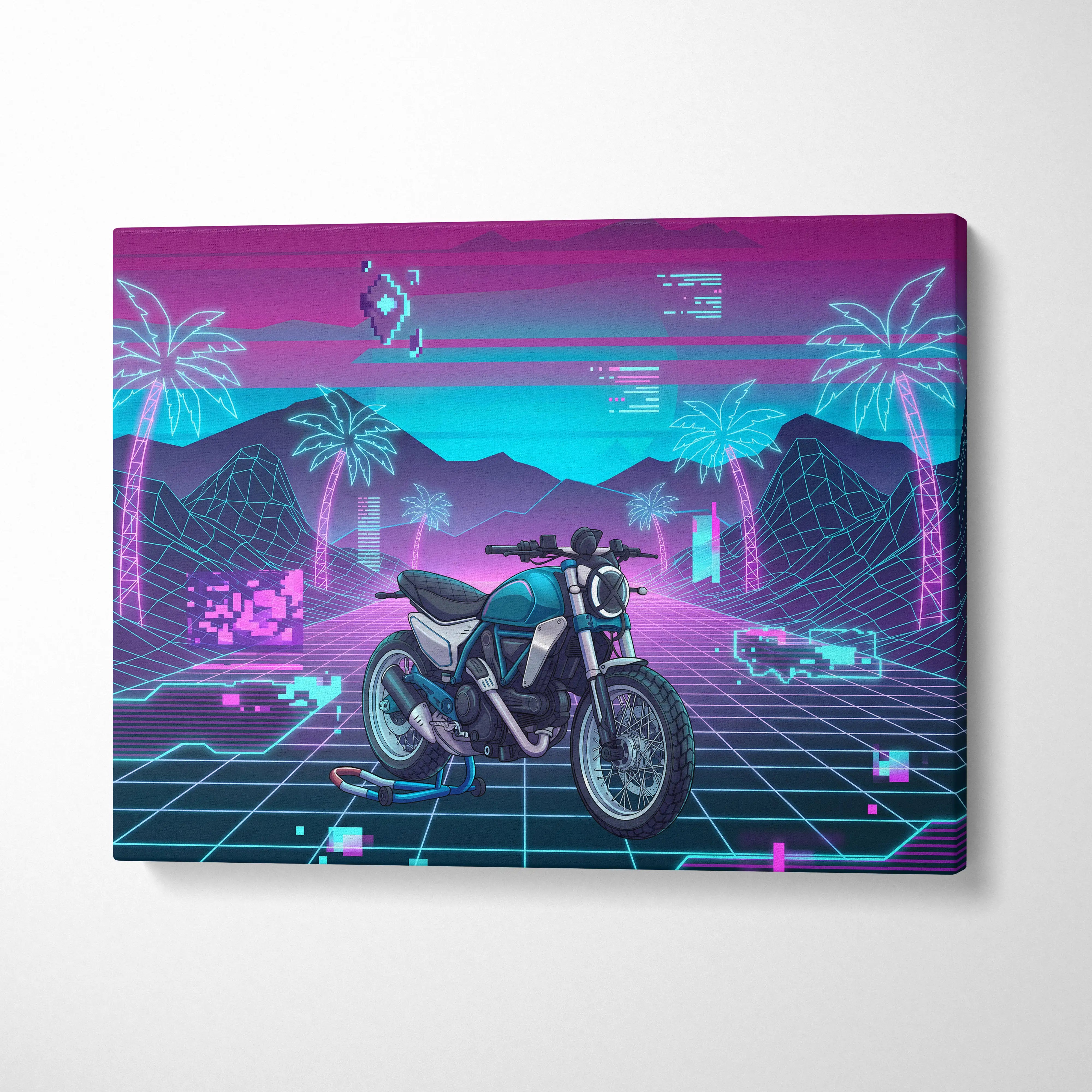 Ducati Scrambler Inspired Teal Pink Vaporwave Motorcycle Canvas Wall Art Neon Grid Retro Bike Artwork Cyberpunk Garage Decor