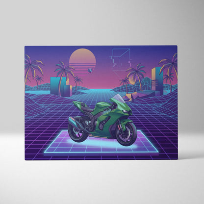 Kawasaki Ninja ZX-10R Inspired Green Purple Vaporwave Motorcycle Canvas Wall Art Neon Grid Sportbike Artwork Retro Futuristic Garage Decor