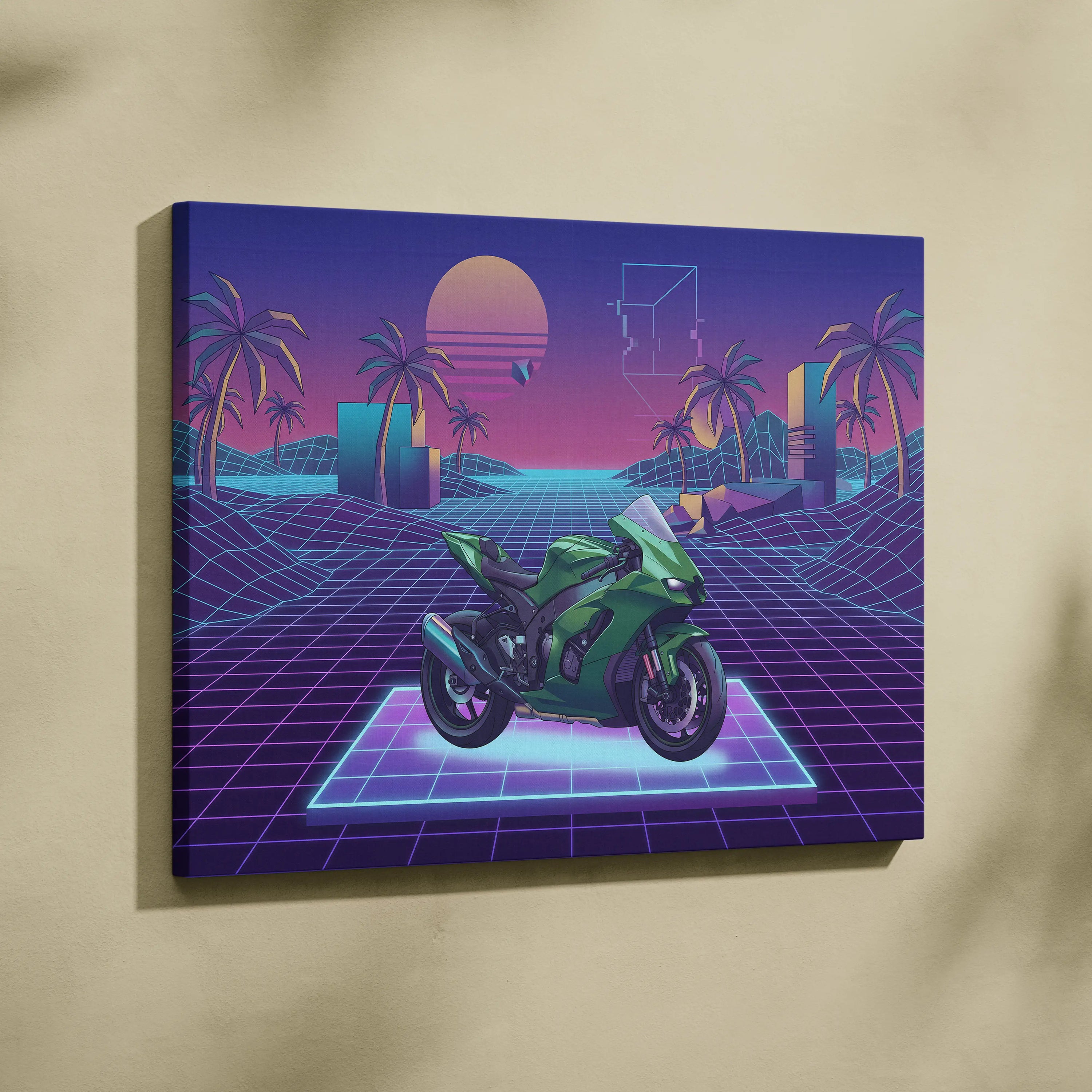 Kawasaki Ninja ZX-10R Inspired Green Purple Vaporwave Motorcycle Canvas Wall Art Neon Grid Sportbike Artwork Retro Futuristic Garage Decor