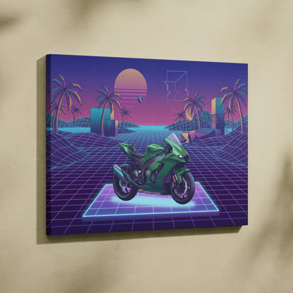 Kawasaki Ninja ZX-10R Inspired Green Purple Vaporwave Motorcycle Canvas Wall Art Neon Grid Sportbike Artwork Retro Futuristic Garage Decor