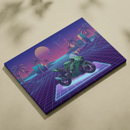 Kawasaki Ninja ZX-10R Inspired Green Purple Vaporwave Motorcycle Canvas Wall Art Neon Grid Sportbike Artwork Retro Futuristic Garage Decor
