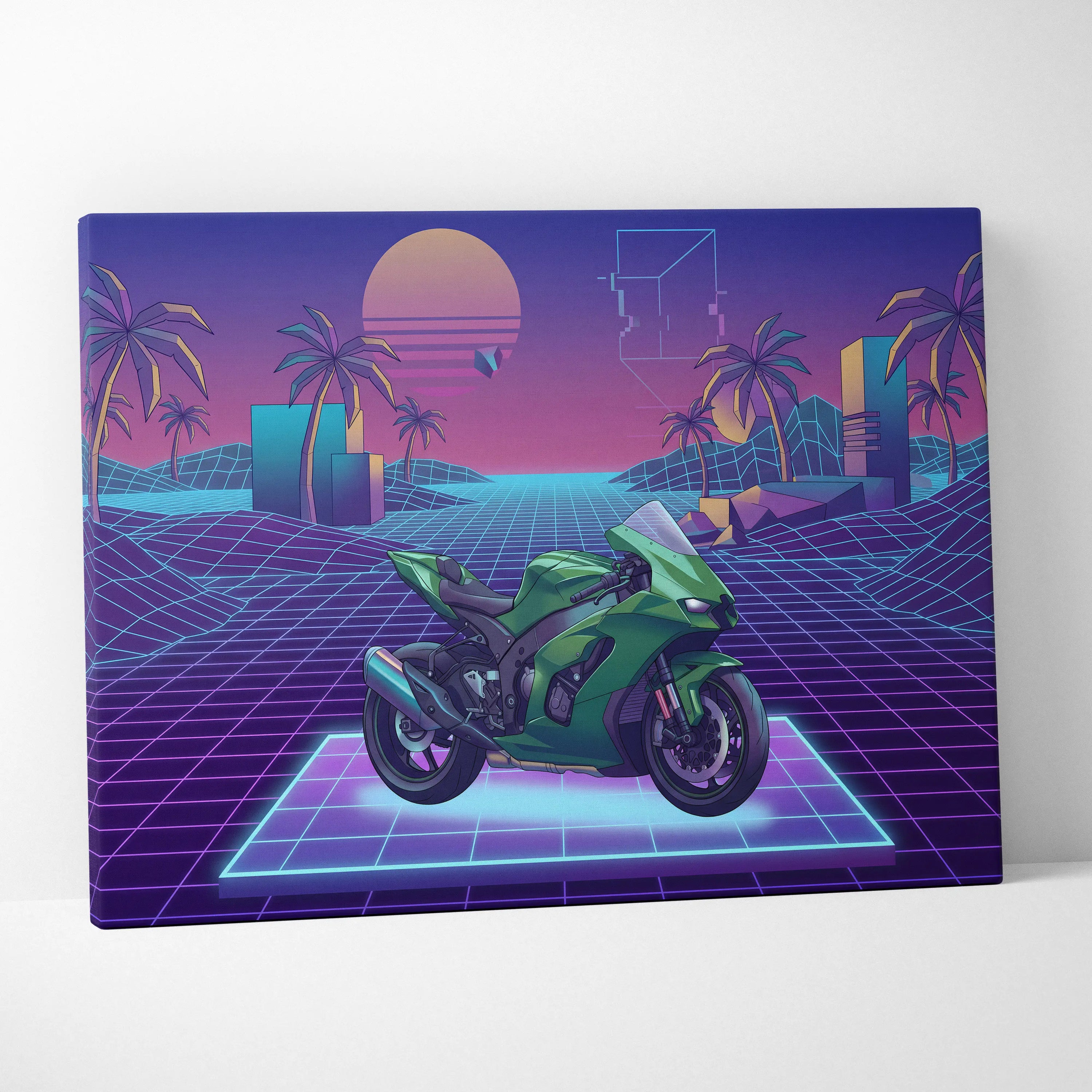 Kawasaki Ninja ZX-10R Inspired Green Purple Vaporwave Motorcycle Canvas Wall Art Neon Grid Sportbike Artwork Retro Futuristic Garage Decor