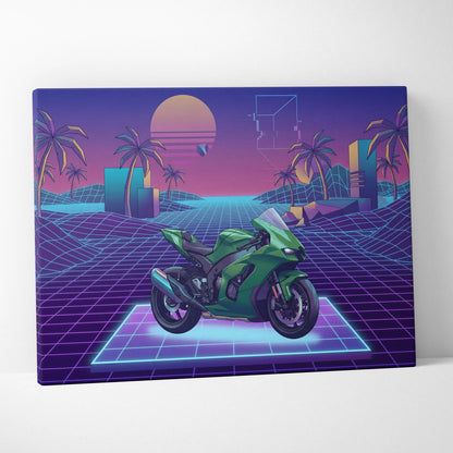Kawasaki Ninja ZX-10R Inspired Green Purple Vaporwave Motorcycle Canvas Wall Art Neon Grid Sportbike Artwork Retro Futuristic Garage Decor
