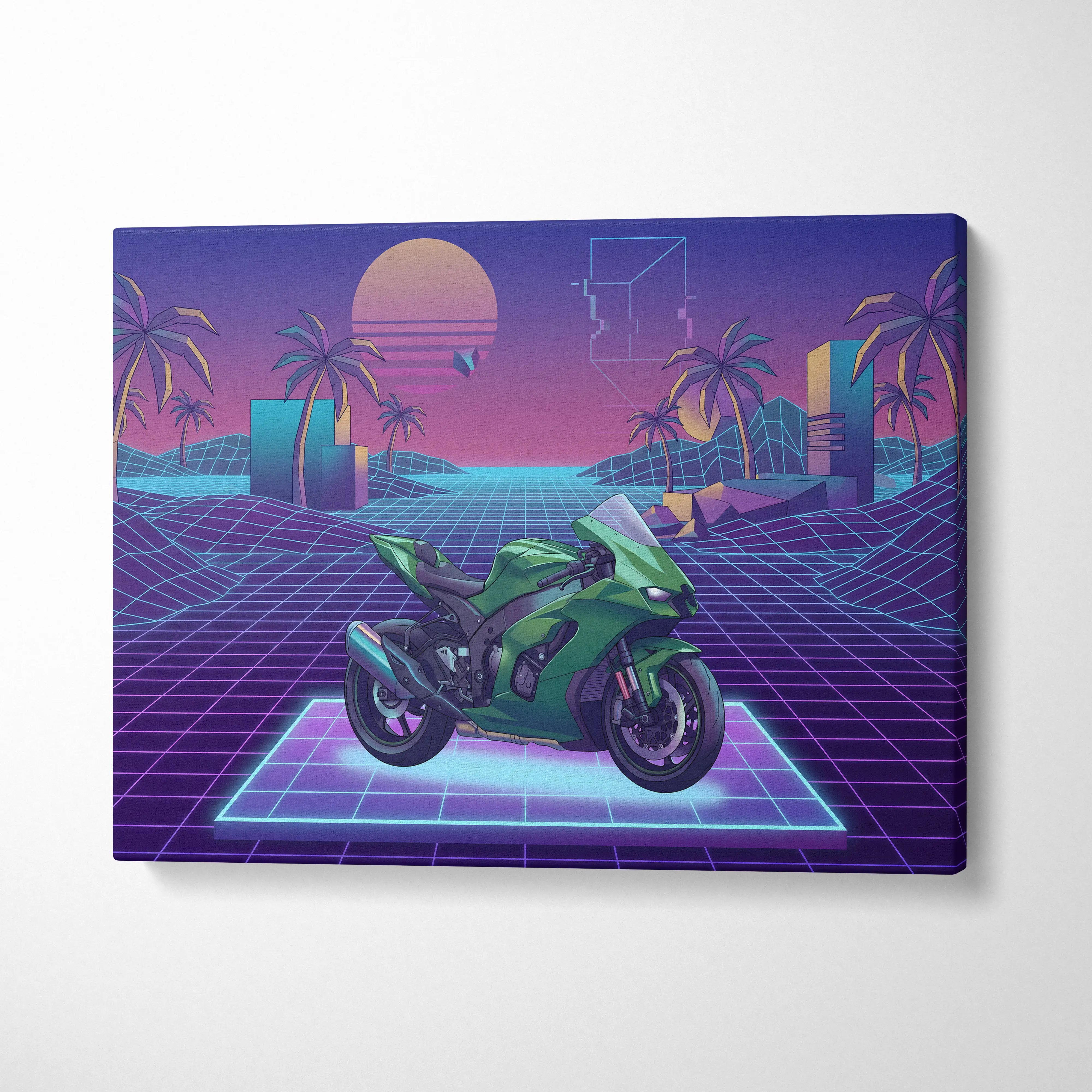Kawasaki Ninja ZX-10R Inspired Green Purple Vaporwave Motorcycle Canvas Wall Art Neon Grid Sportbike Artwork Retro Futuristic Garage Decor