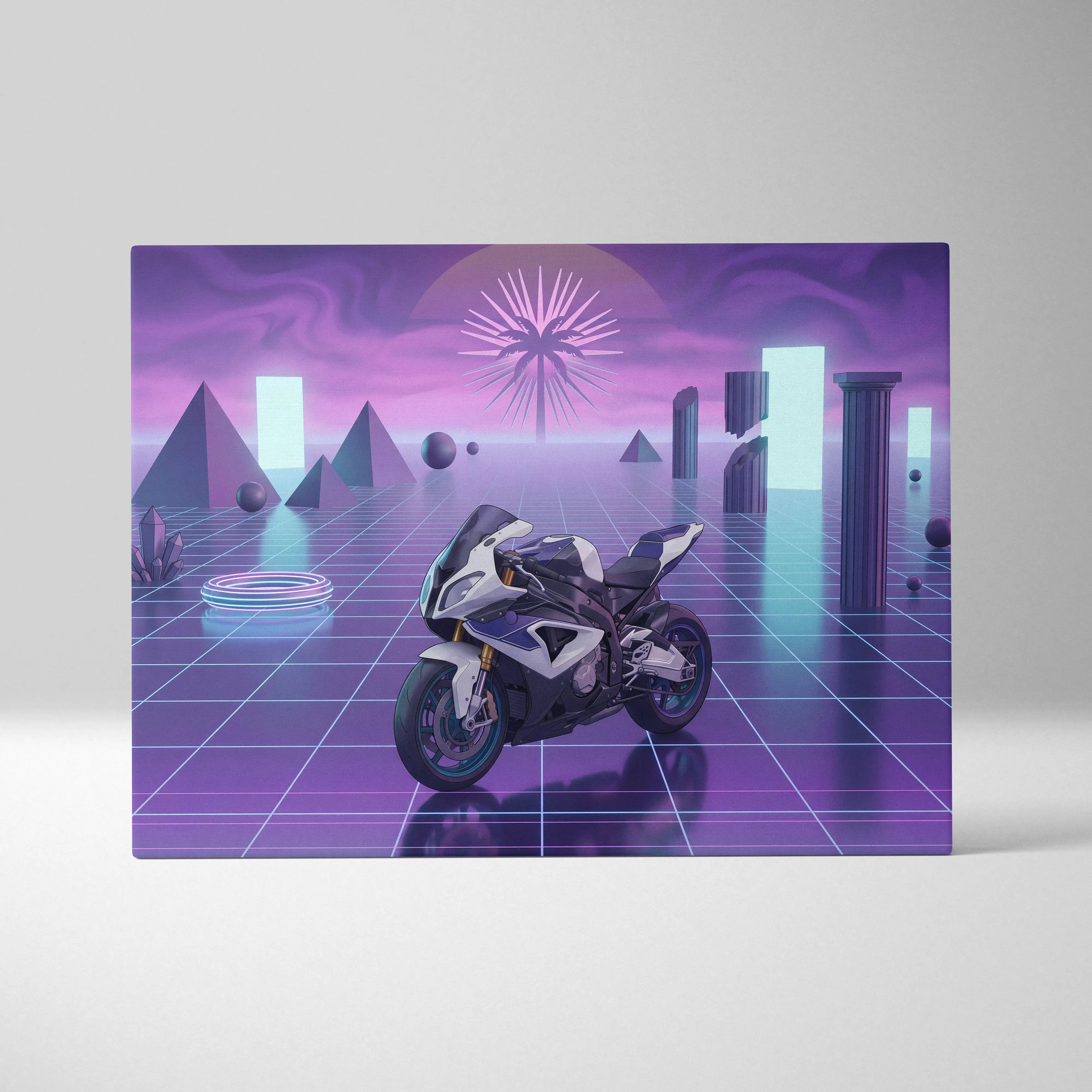 BMW S1000RR Inspired White Purple Motorcycle Canvas Wall Art Vaporwave Neon Grid Sportbike Artwork for Garage Decor Retro Futuristic Print