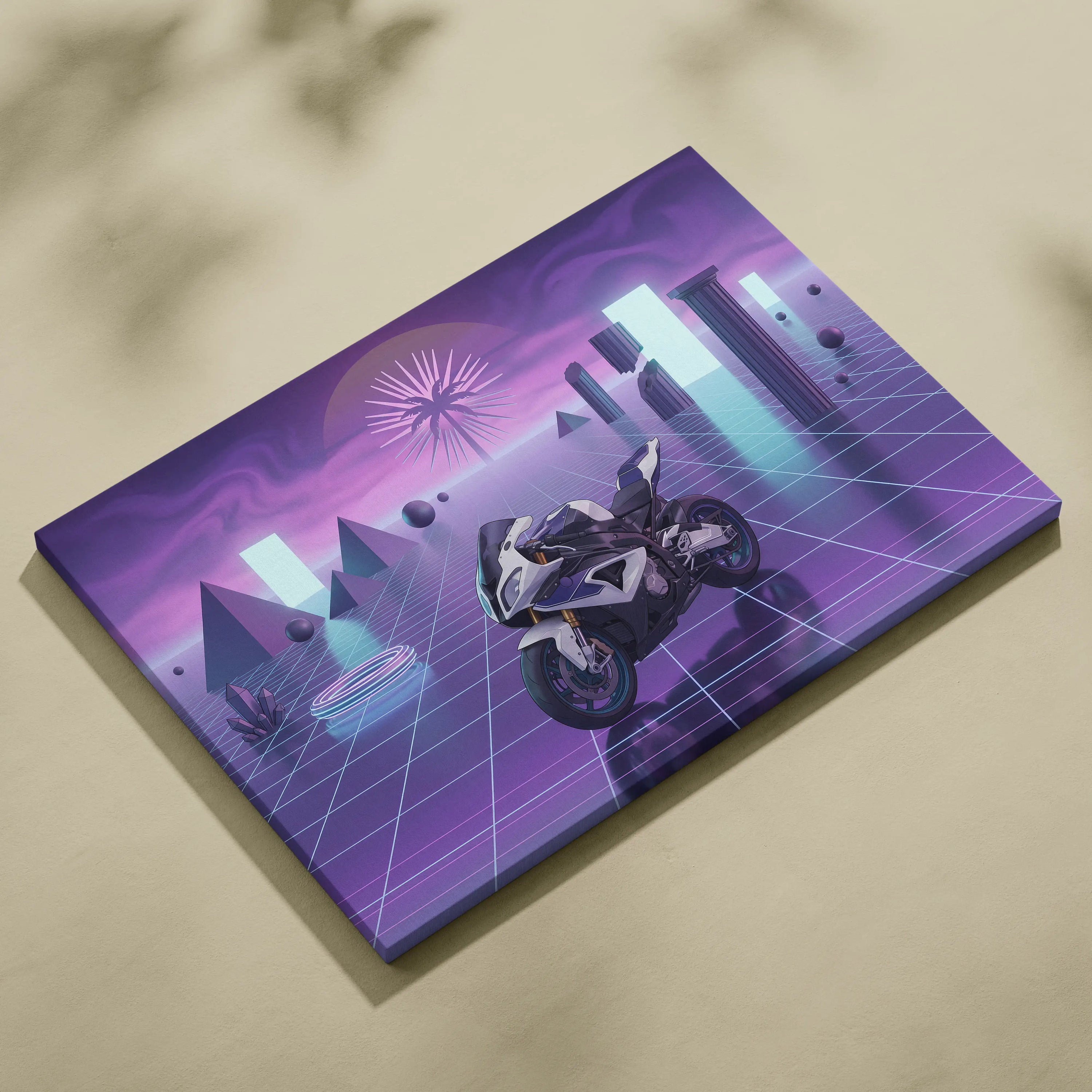 BMW S1000RR Inspired White Purple Motorcycle Canvas Wall Art Vaporwave Neon Grid Sportbike Artwork for Garage Decor Retro Futuristic Print