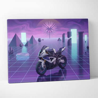 BMW S1000RR Inspired White Purple Motorcycle Canvas Wall Art Vaporwave Neon Grid Sportbike Artwork for Garage Decor Retro Futuristic Print