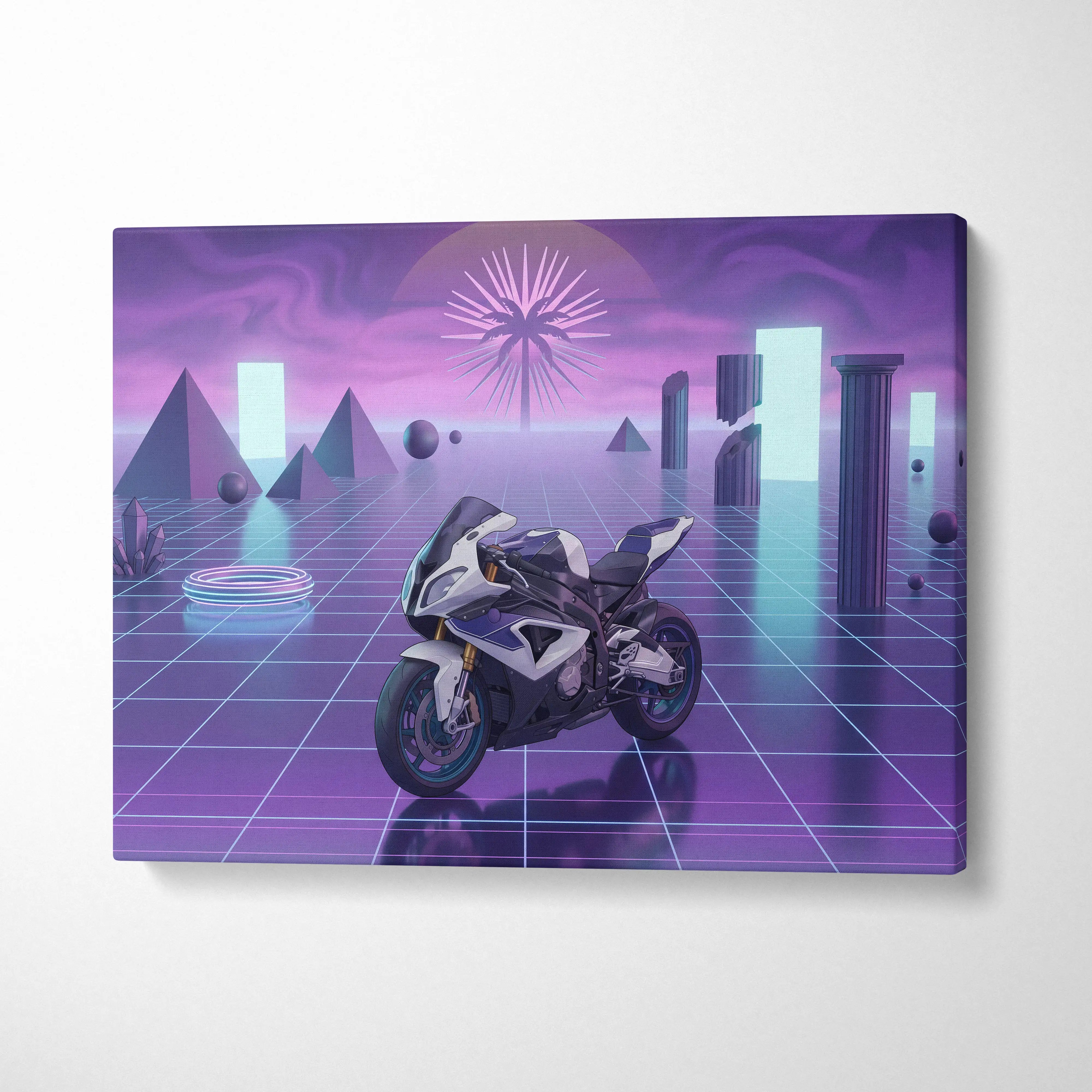 BMW S1000RR Inspired White Purple Motorcycle Canvas Wall Art Vaporwave Neon Grid Sportbike Artwork for Garage Decor Retro Futuristic Print