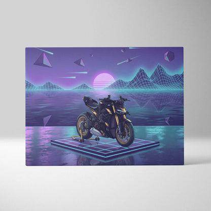 Ducati Streetfighter V4 Inspired Black Gold Motorcycle Canvas Wall Art Vaporwave Neon Grid Streetfighter Artwork for Garage Decor Retro Futuristic Print