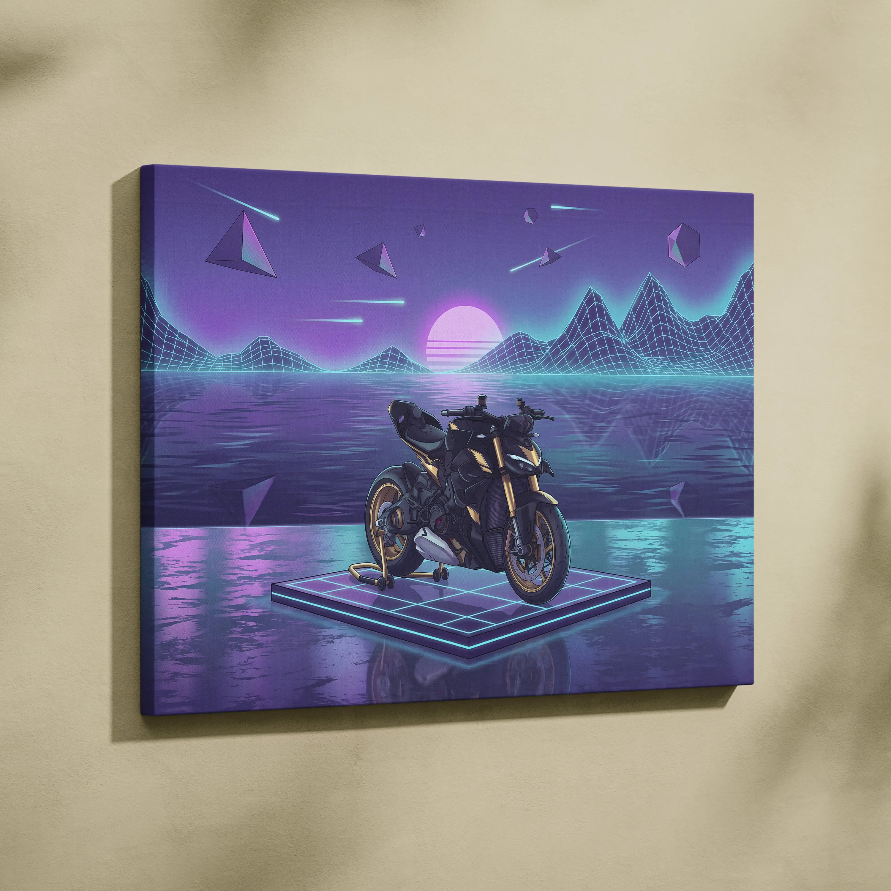 Ducati Streetfighter V4 Inspired Black Gold Motorcycle Canvas Wall Art Vaporwave Neon Grid Streetfighter Artwork for Garage Decor Retro Futuristic Print