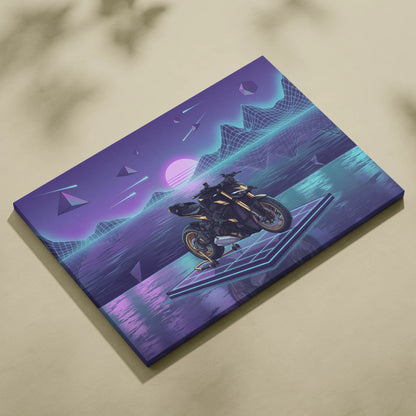 Ducati Streetfighter V4 Inspired Black Gold Motorcycle Canvas Wall Art Vaporwave Neon Grid Streetfighter Artwork for Garage Decor Retro Futuristic Print