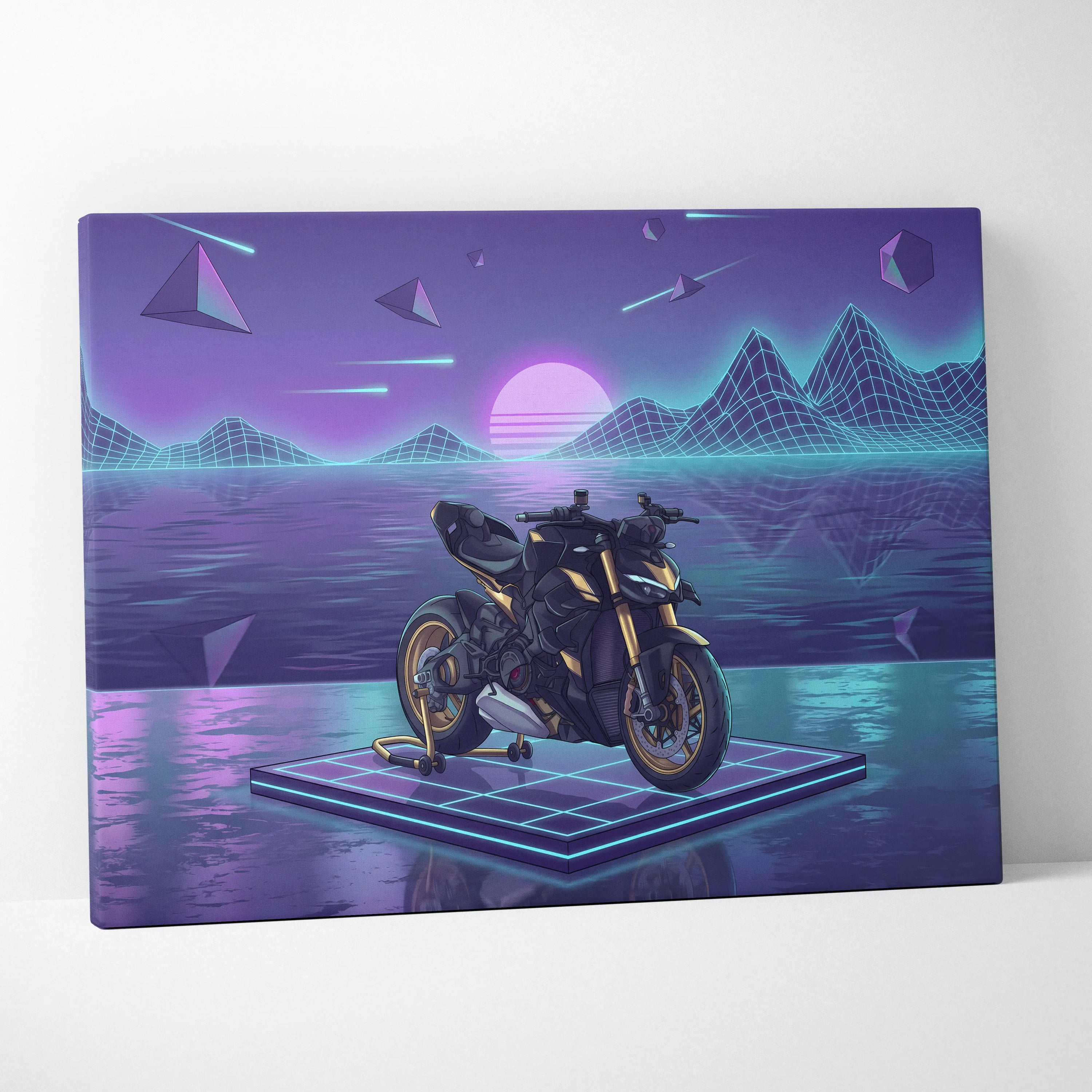Ducati Streetfighter V4 Inspired Black Gold Motorcycle Canvas Wall Art Vaporwave Neon Grid Streetfighter Artwork for Garage Decor Retro Futuristic Print