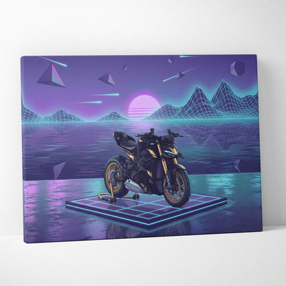 Ducati Streetfighter V4 Inspired Black Gold Motorcycle Canvas Wall Art Vaporwave Neon Grid Streetfighter Artwork for Garage Decor Retro Futuristic Print