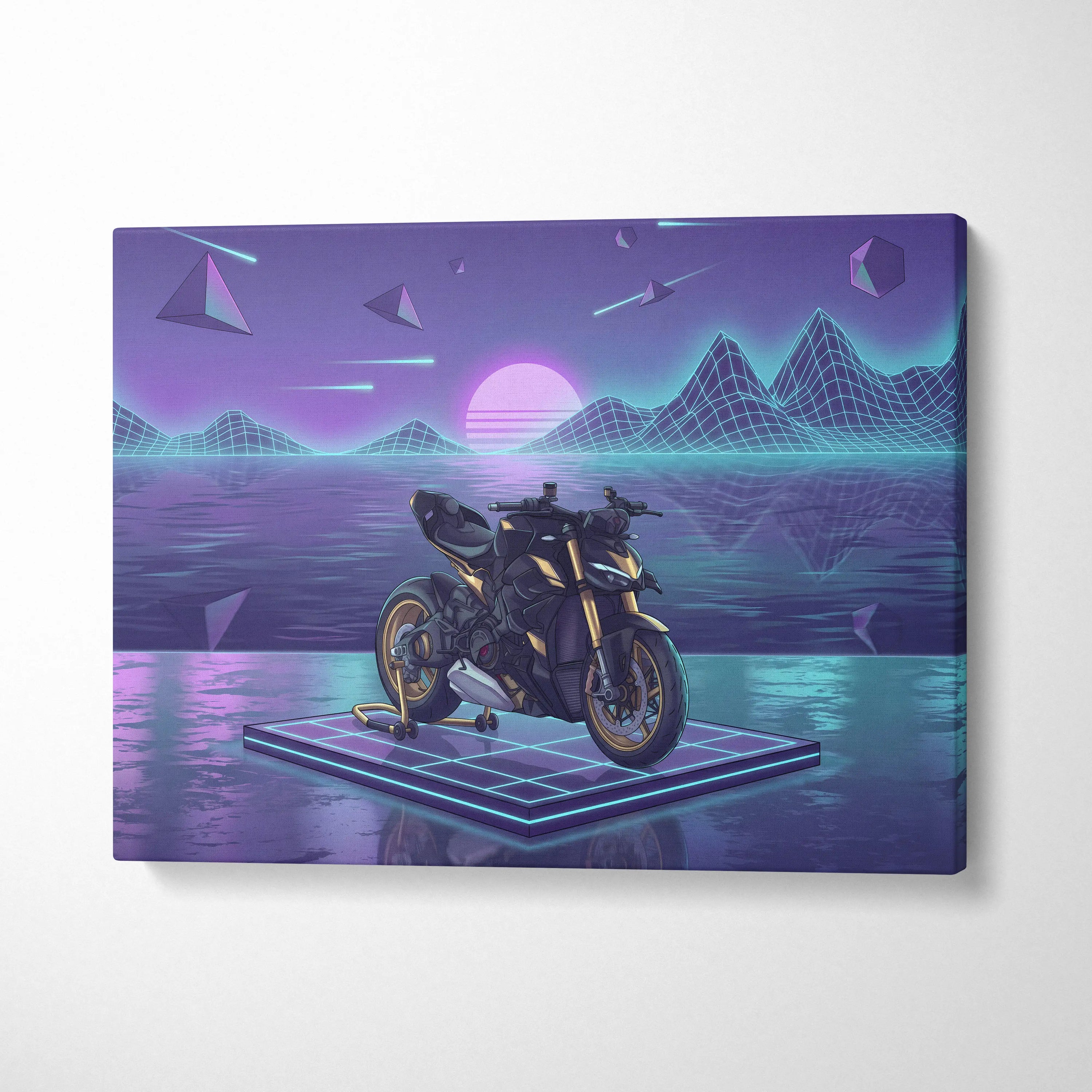 Ducati Streetfighter V4 Inspired Black Gold Motorcycle Canvas Wall Art Vaporwave Neon Grid Streetfighter Artwork for Garage Decor Retro Futuristic Print
