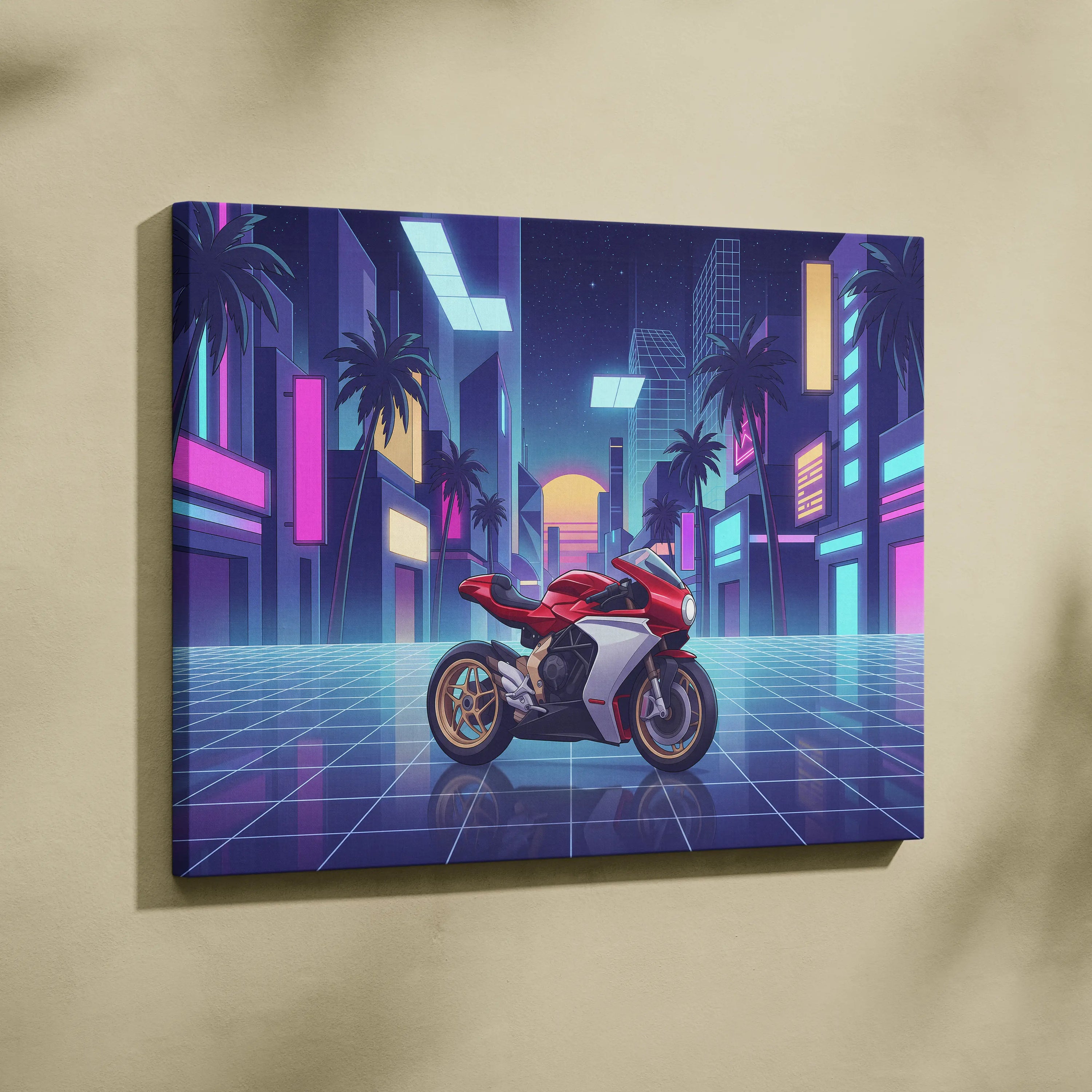 MV Agusta Superveloce Inspired Red White Vaporwave Motorcycle Canvas Wall Art Neon City Sportbike Artwork Retro Futuristic Garage Decor
