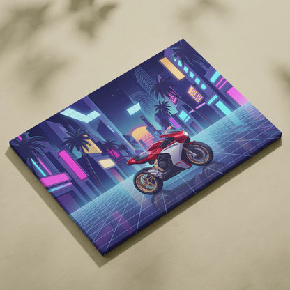 MV Agusta Superveloce Inspired Red White Vaporwave Motorcycle Canvas Wall Art Neon City Sportbike Artwork Retro Futuristic Garage Decor