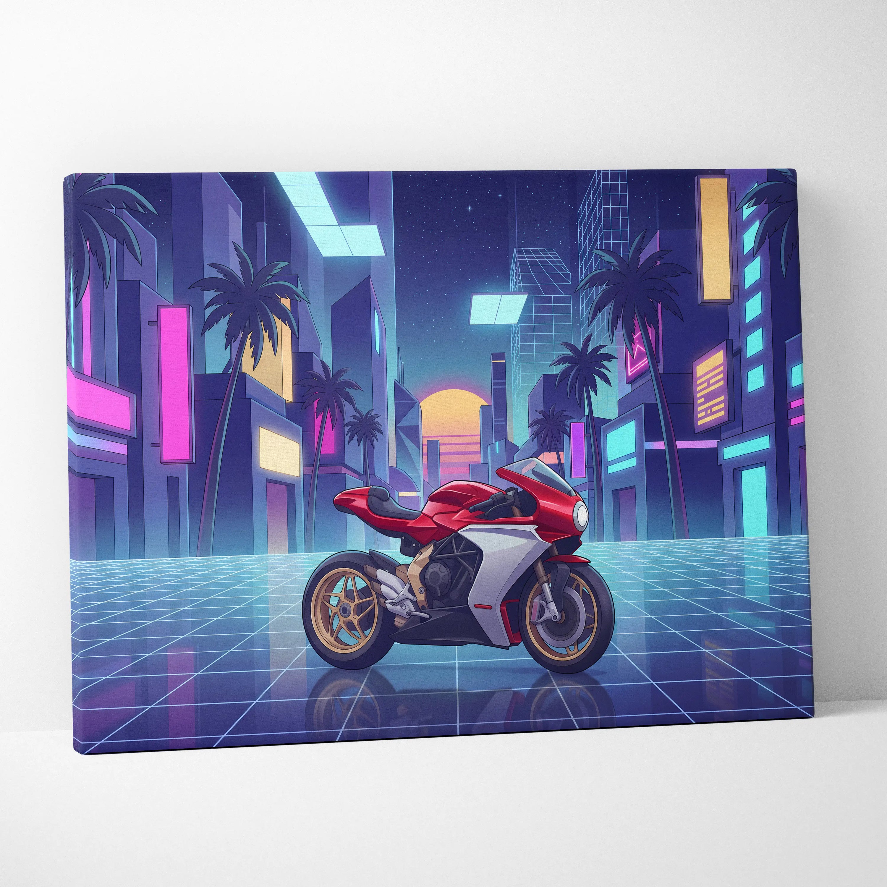 MV Agusta Superveloce Inspired Red White Vaporwave Motorcycle Canvas Wall Art Neon City Sportbike Artwork Retro Futuristic Garage Decor