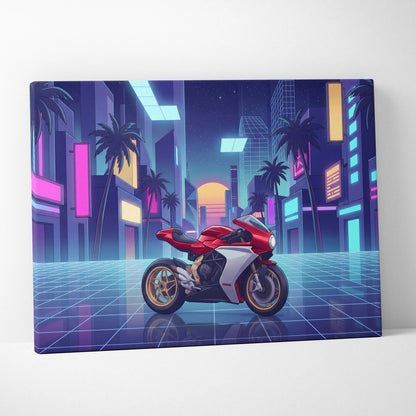 MV Agusta Superveloce Inspired Red White Vaporwave Motorcycle Canvas Wall Art Neon City Sportbike Artwork Retro Futuristic Garage Decor