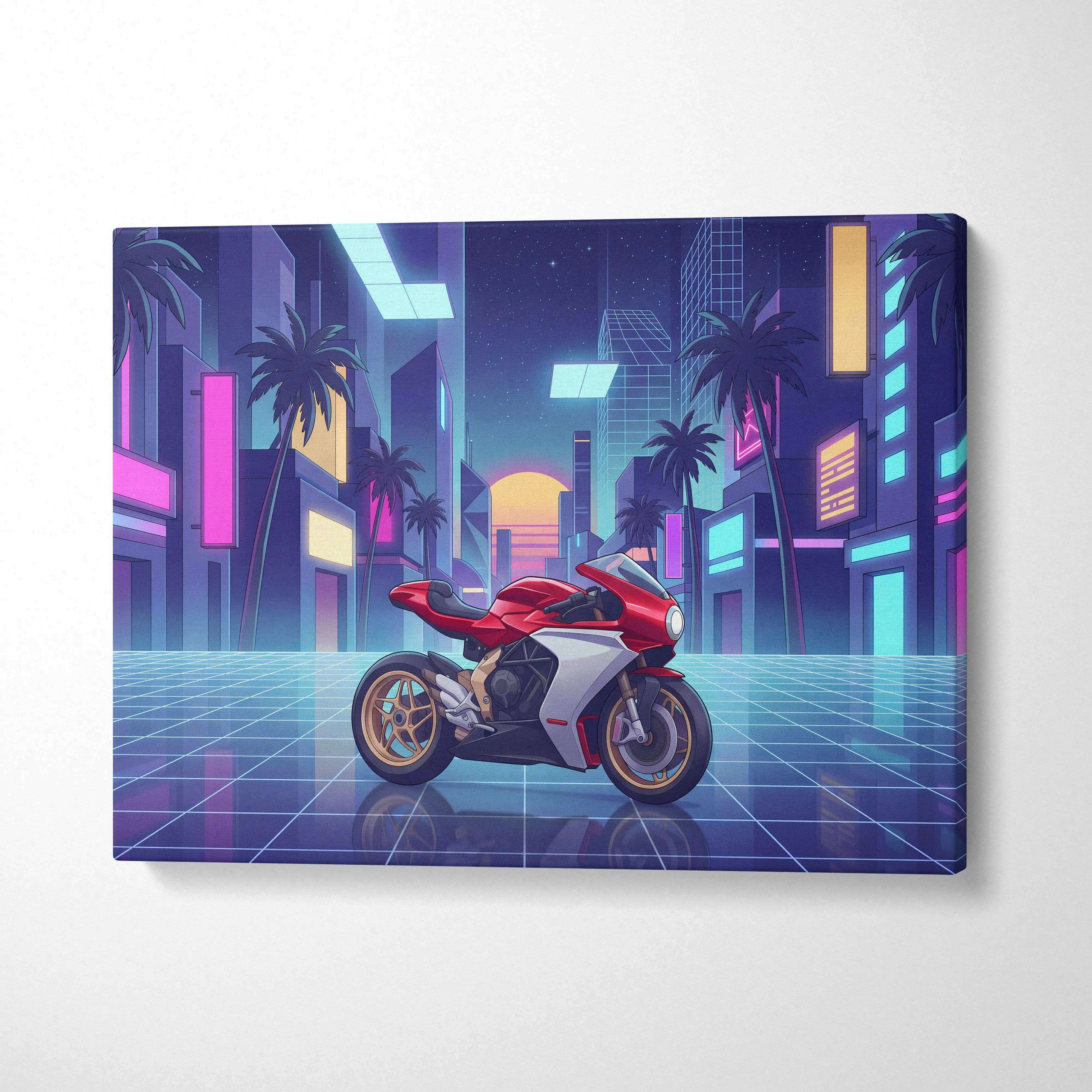 MV Agusta Superveloce Inspired Red White Vaporwave Motorcycle Canvas Wall Art Neon City Sportbike Artwork Retro Futuristic Garage Decor