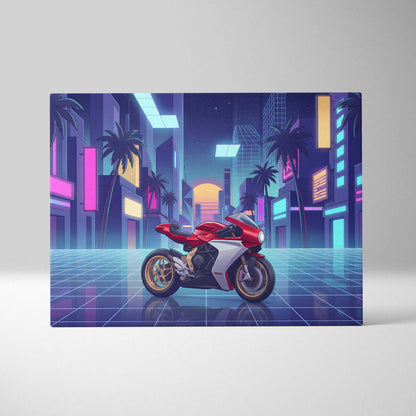 MV Agusta Superveloce Inspired Red White Vaporwave Motorcycle Canvas Wall Art Neon City Sportbike Artwork Retro Futuristic Garage Decor