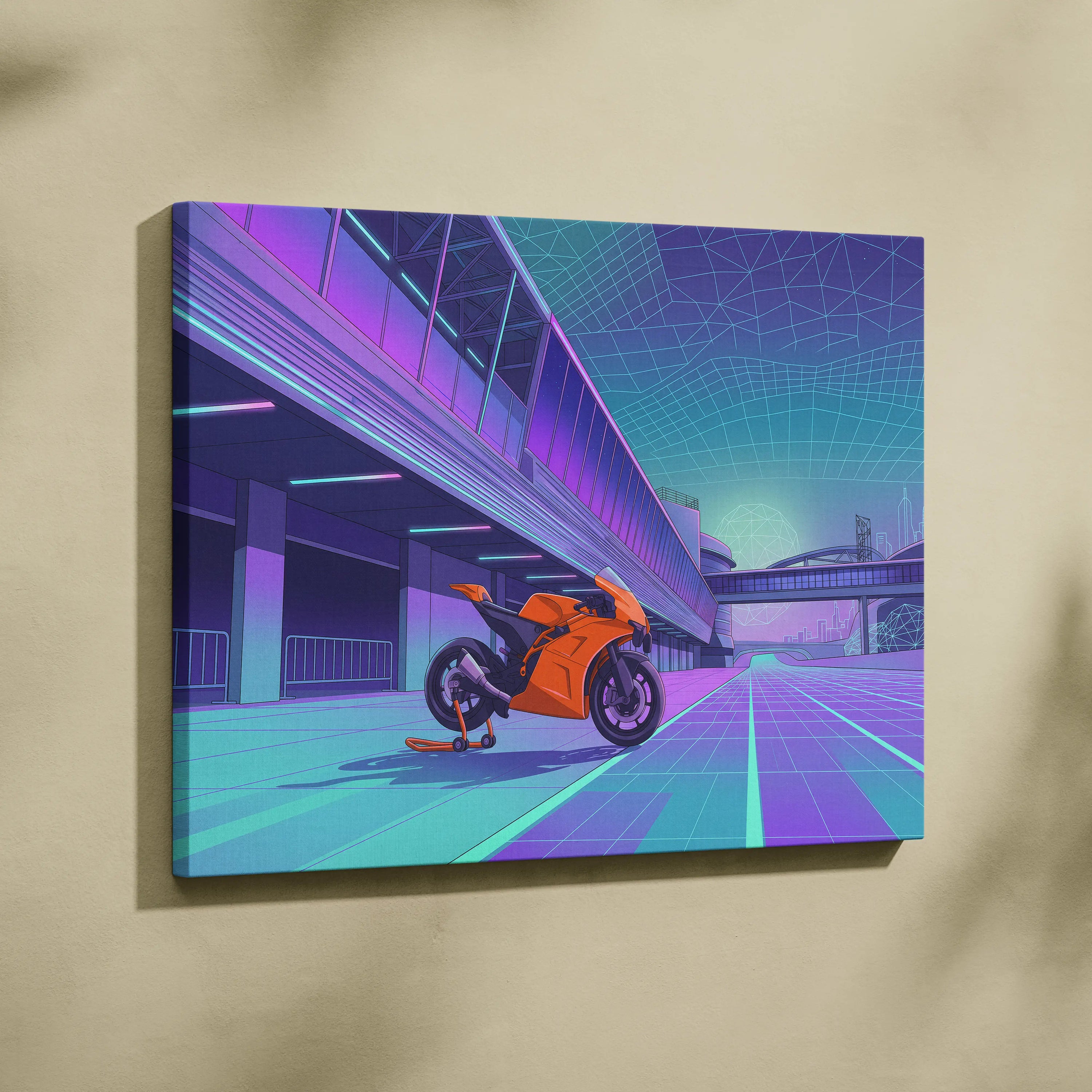 KTM RC8 Inspired Orange Cyan Motorcycle Canvas Wall Art Vaporwave Neon Track Sportbike Garage Decor Retro Futuristic Racing Artwork