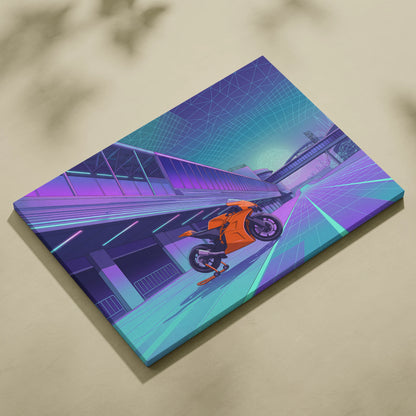 KTM RC8 Inspired Orange Cyan Motorcycle Canvas Wall Art Vaporwave Neon Track Sportbike Garage Decor Retro Futuristic Racing Artwork