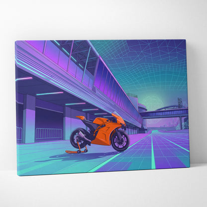 KTM RC8 Inspired Orange Cyan Motorcycle Canvas Wall Art Vaporwave Neon Track Sportbike Garage Decor Retro Futuristic Racing Artwork