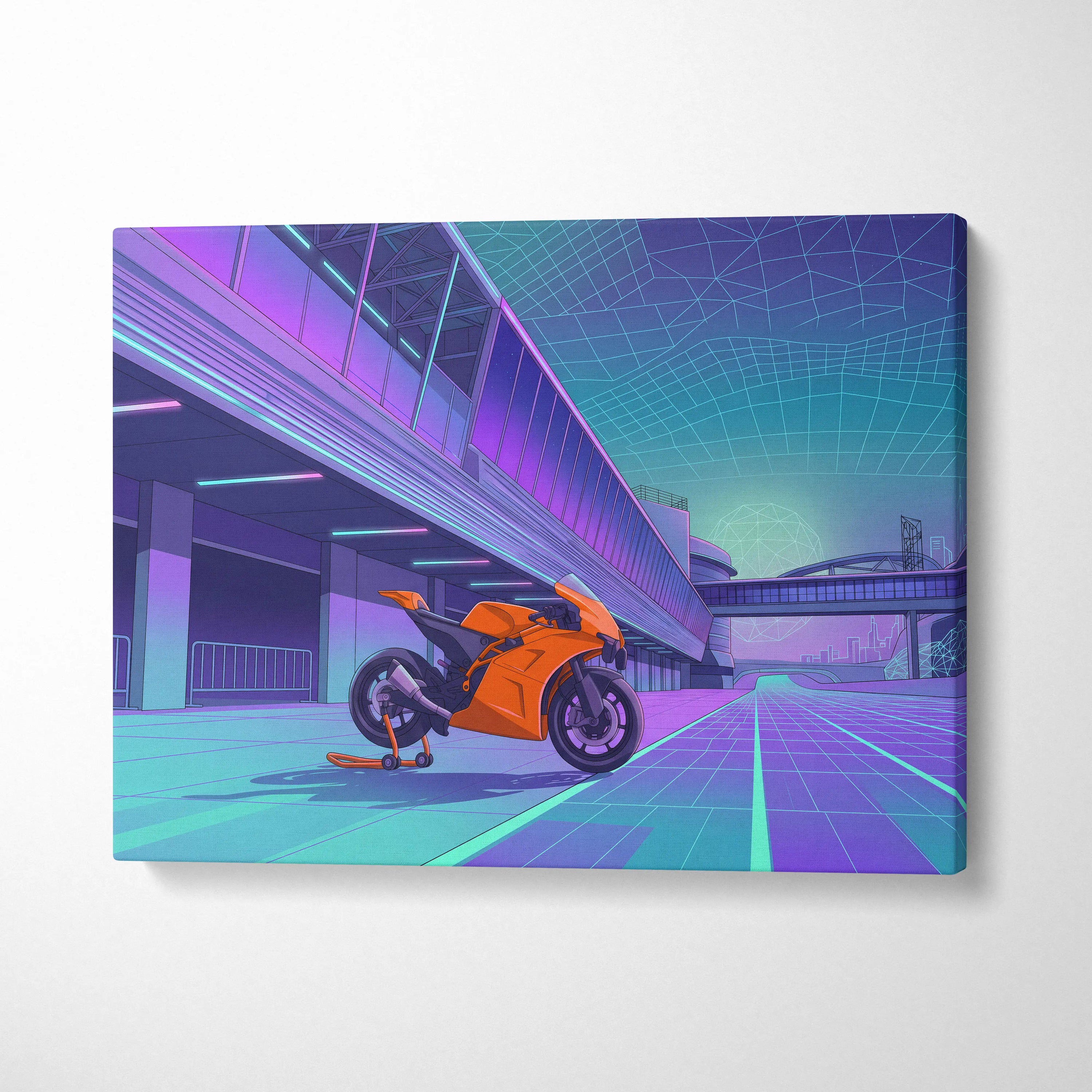 KTM RC8 Inspired Orange Cyan Motorcycle Canvas Wall Art Vaporwave Neon Track Sportbike Garage Decor Retro Futuristic Racing Artwork