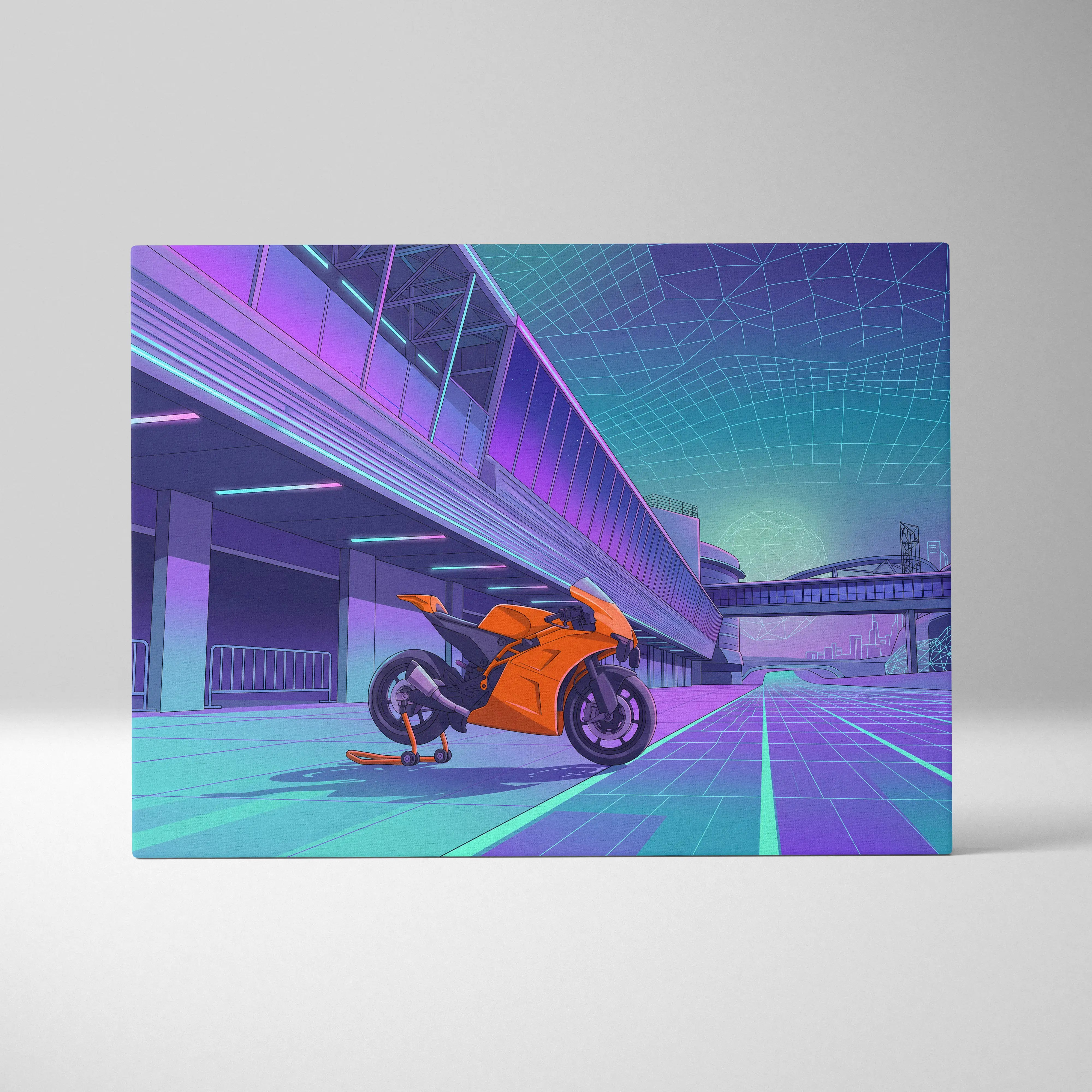 KTM RC8 Inspired Orange Cyan Motorcycle Canvas Wall Art Vaporwave Neon Track Sportbike Garage Decor Retro Futuristic Racing Artwork