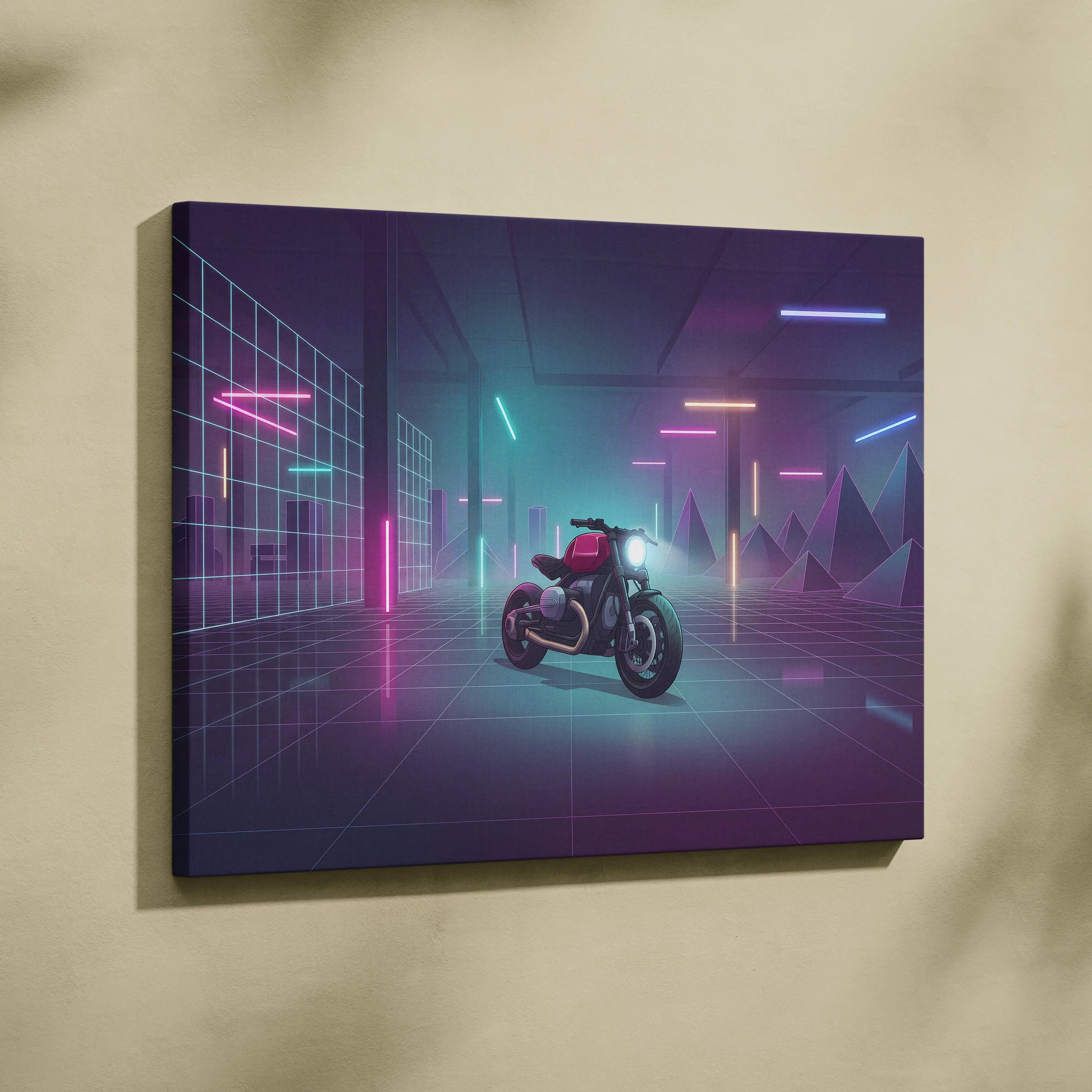 Custom BMW R9T Inspired Red Teal Motorcycle Canvas Wall Art Vaporwave Neon Garage Cruiser Artwork for Man Cave Decor Retro Futuristic Print