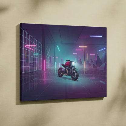 Custom BMW R9T Inspired Red Teal Motorcycle Canvas Wall Art Vaporwave Neon Garage Cruiser Artwork for Man Cave Decor Retro Futuristic Print