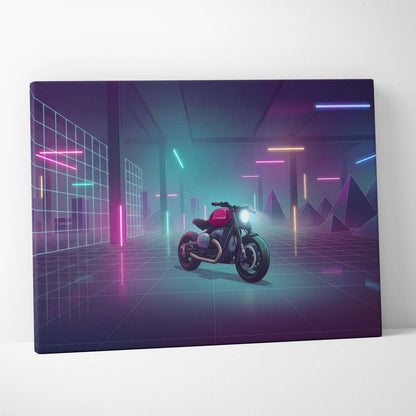 Custom BMW R9T Inspired Red Teal Motorcycle Canvas Wall Art Vaporwave Neon Garage Cruiser Artwork for Man Cave Decor Retro Futuristic Print