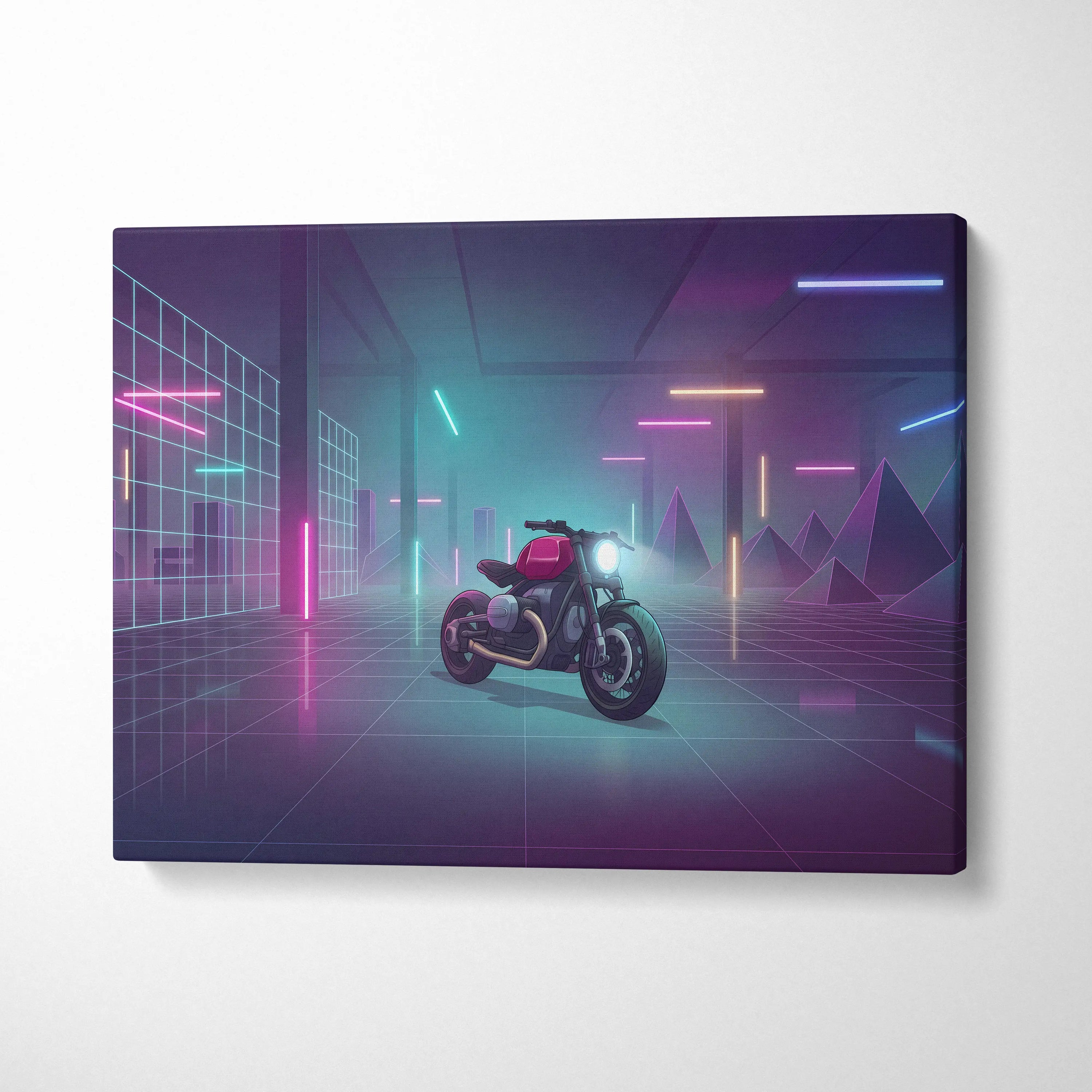 Custom BMW R9T Inspired Red Teal Motorcycle Canvas Wall Art Vaporwave Neon Garage Cruiser Artwork for Man Cave Decor Retro Futuristic Print