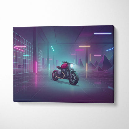 Custom BMW R9T Inspired Red Teal Motorcycle Canvas Wall Art Vaporwave Neon Garage Cruiser Artwork for Man Cave Decor Retro Futuristic Print