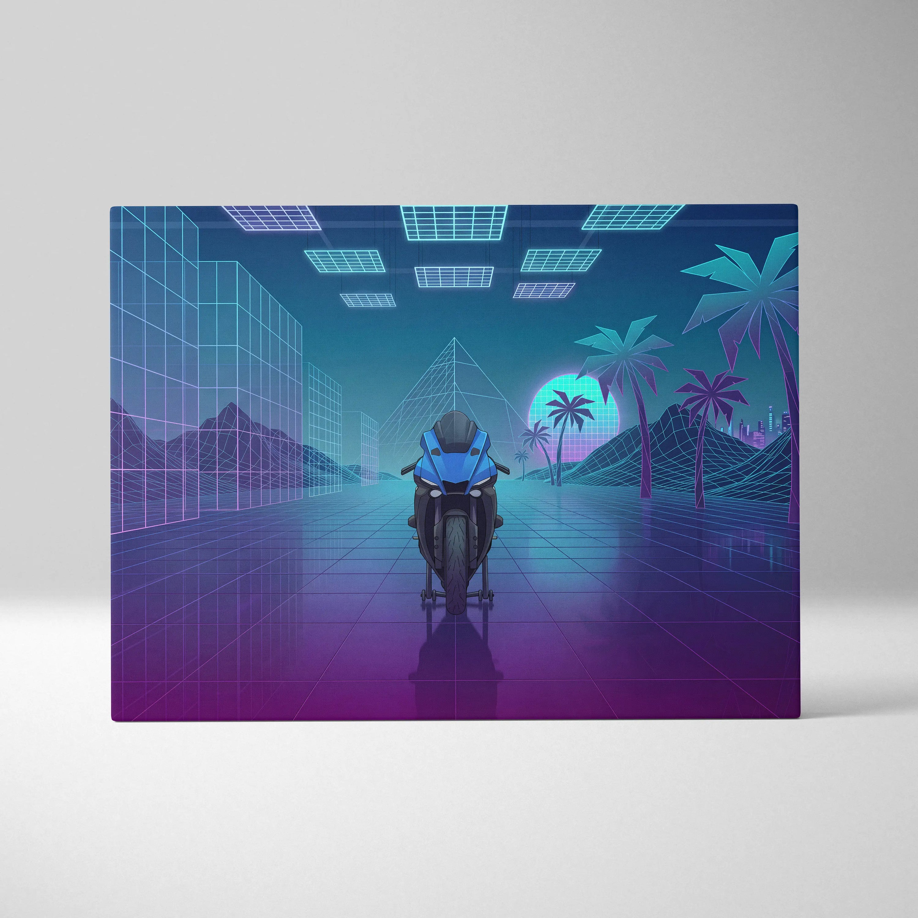 Yamaha YZF-R1 Inspired Blue Purple Motorcycle Canvas Wall Art Vaporwave Neon Sportbike Garage Decor Retro Futuristic Racing Artwork