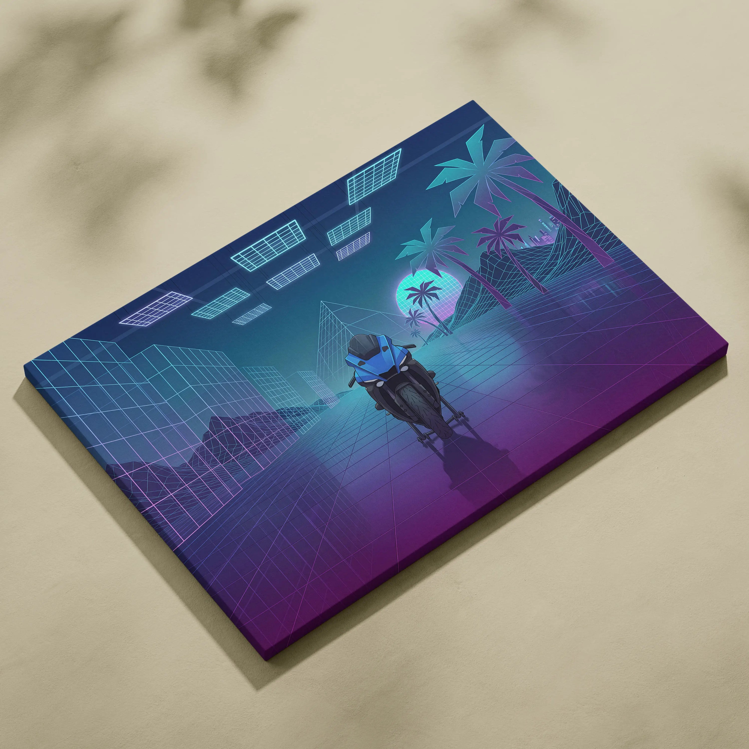 Yamaha YZF-R1 Inspired Blue Purple Motorcycle Canvas Wall Art Vaporwave Neon Sportbike Garage Decor Retro Futuristic Racing Artwork
