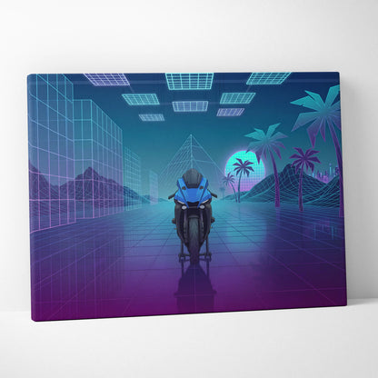 Yamaha YZF-R1 Inspired Blue Purple Motorcycle Canvas Wall Art Vaporwave Neon Sportbike Garage Decor Retro Futuristic Racing Artwork