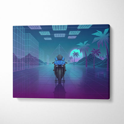 Yamaha YZF-R1 Inspired Blue Purple Motorcycle Canvas Wall Art Vaporwave Neon Sportbike Garage Decor Retro Futuristic Racing Artwork
