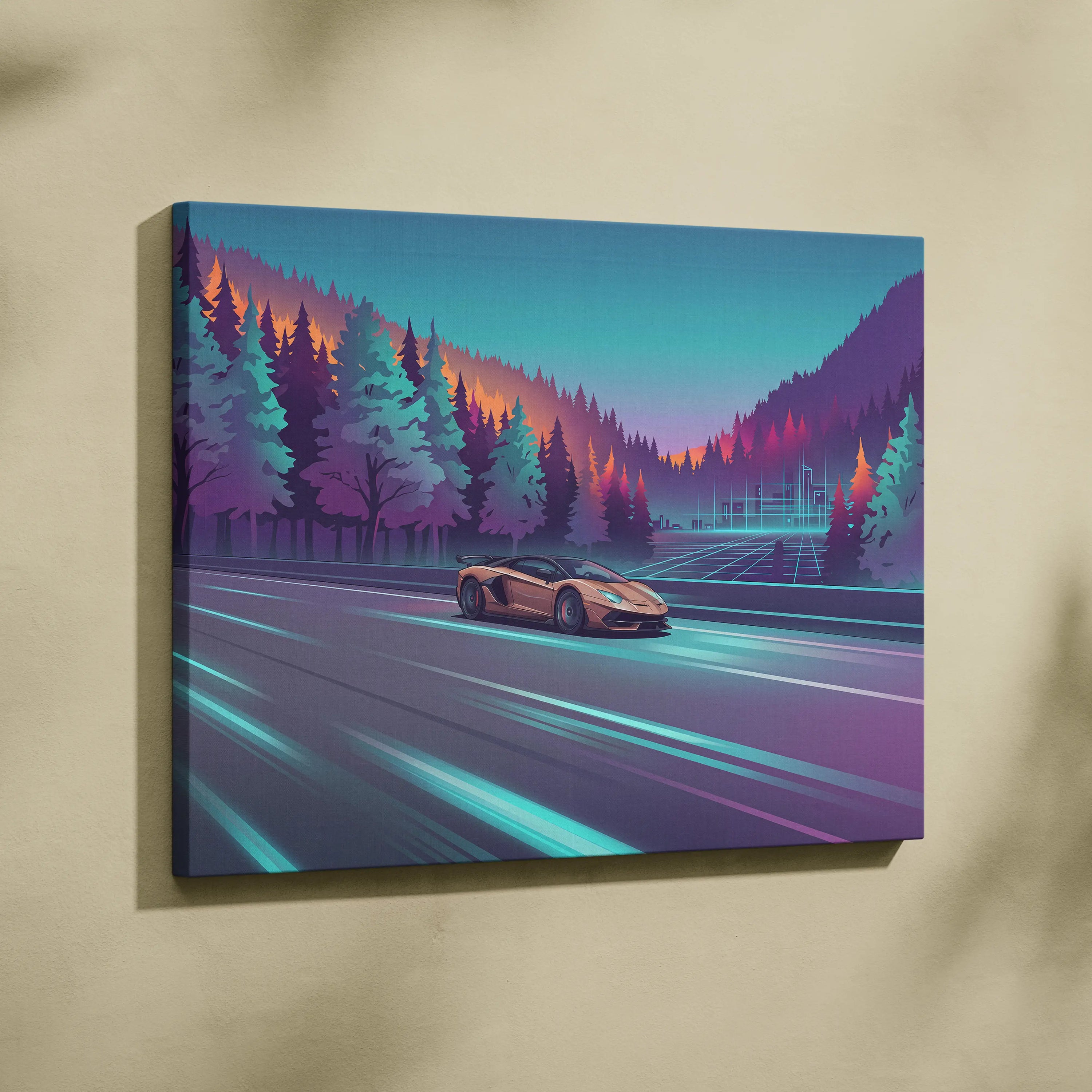 Lamborghini Aventador SVJ Inspired Vaporwave Canvas - Car Artwork Neon Teal Living Room Vaporwave Dreamy Nostalgia Vaporwave Wall Art Canvas