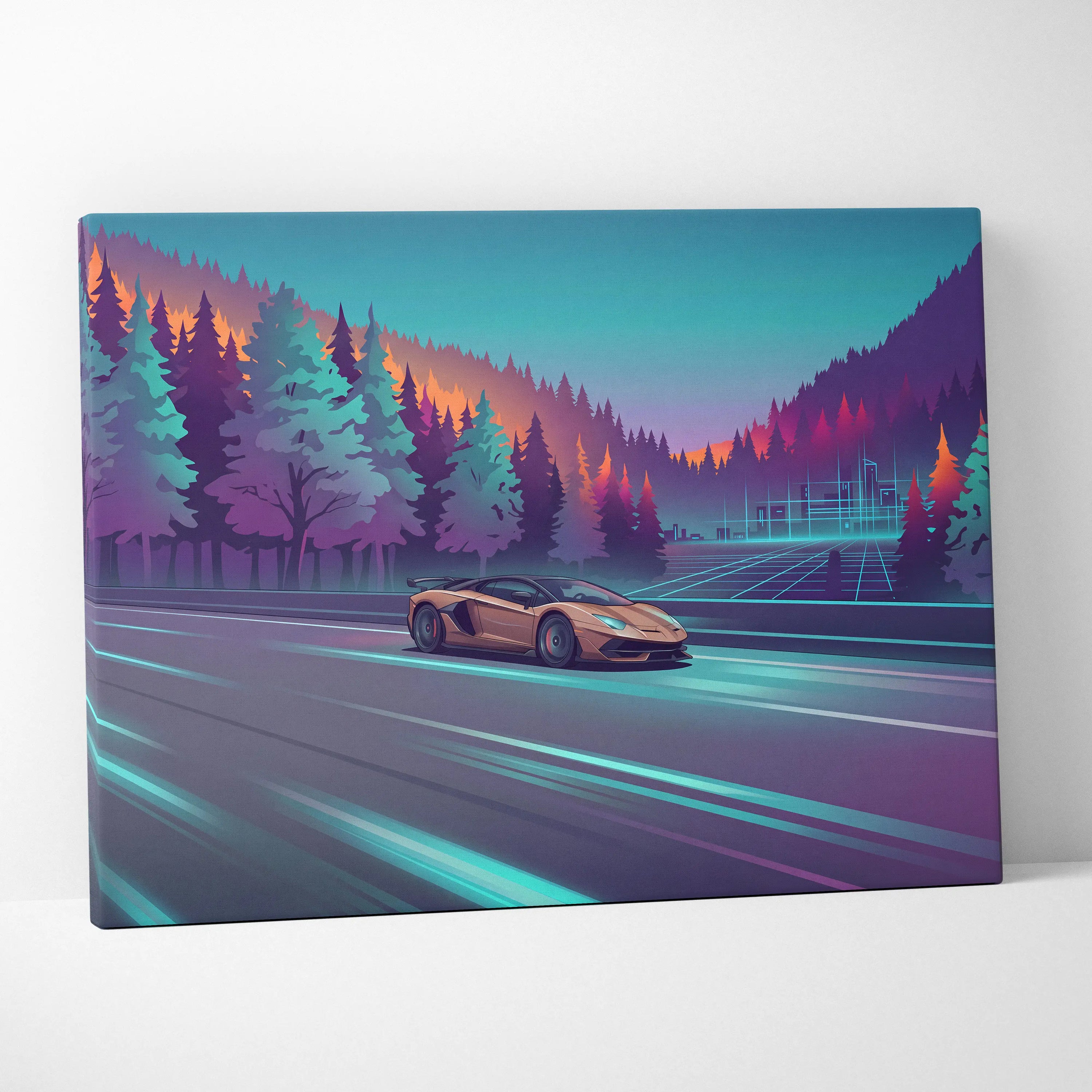 Lamborghini Aventador SVJ Inspired Vaporwave Canvas - Car Artwork Neon Teal Living Room Vaporwave Dreamy Nostalgia Vaporwave Wall Art Canvas