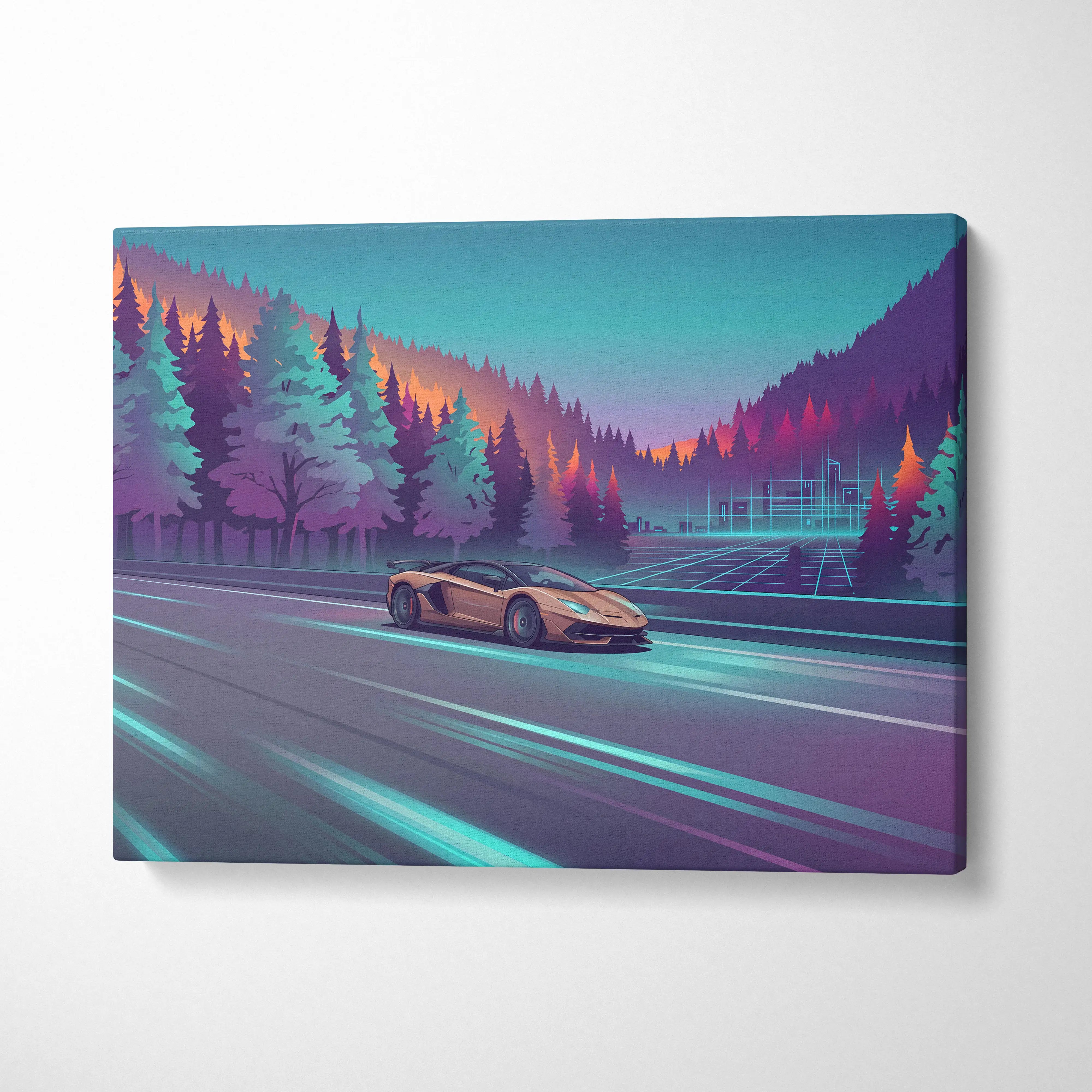 A vibrant vaporwave canvas print featuring a golden Lamborghini Aventador SVJ speeding on a futuristic highway at dusk