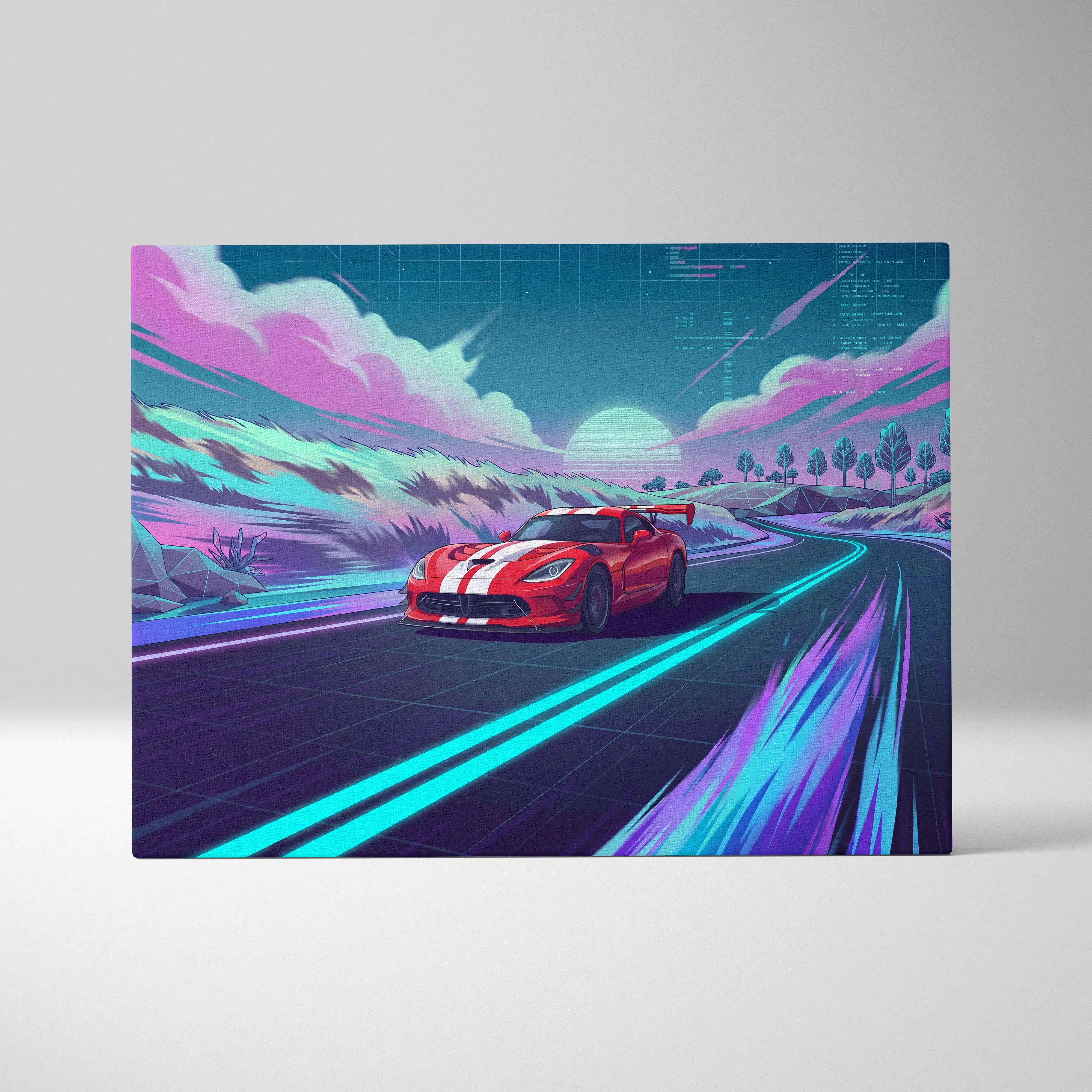 A vibrant red dodge viper acr inspired sports car canvas with white stripes speeding under a neon pastel sky