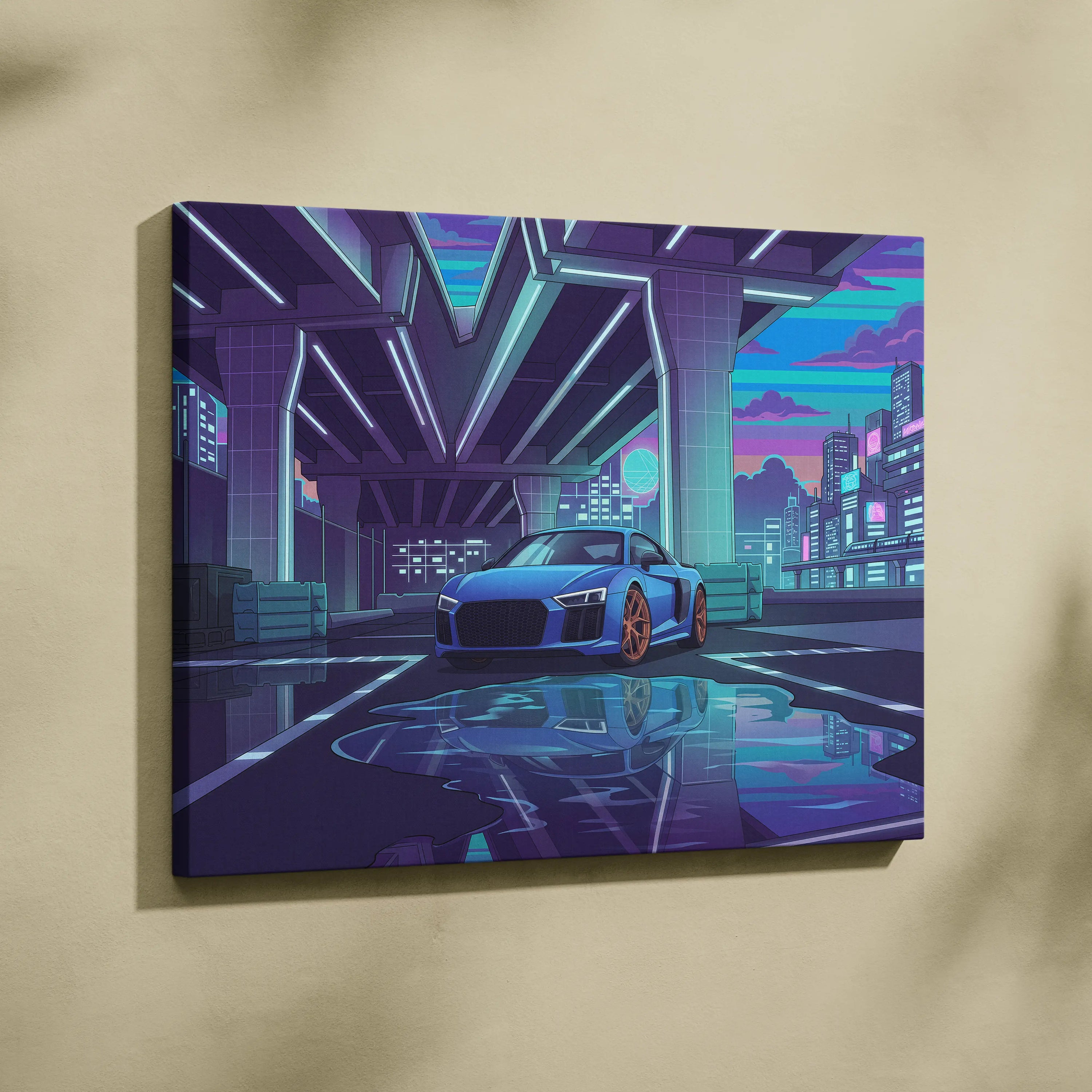 Audi R8 Inspired Vaporwave Car Canvas - Vaporwave Car, Purple Blue Neon, Living Room, Retro | Nostalgic Energy, Synthwave, Wall Art, Canvas