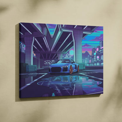 Audi R8 Inspired Vaporwave Car Canvas - Vaporwave Car, Purple Blue Neon, Living Room, Retro | Nostalgic Energy, Synthwave, Wall Art, Canvas
