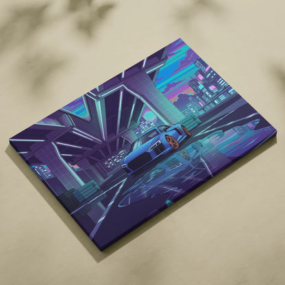 Audi R8 Inspired Vaporwave Car Canvas - Vaporwave Car, Purple Blue Neon, Living Room, Retro | Nostalgic Energy, Synthwave, Wall Art, Canvas