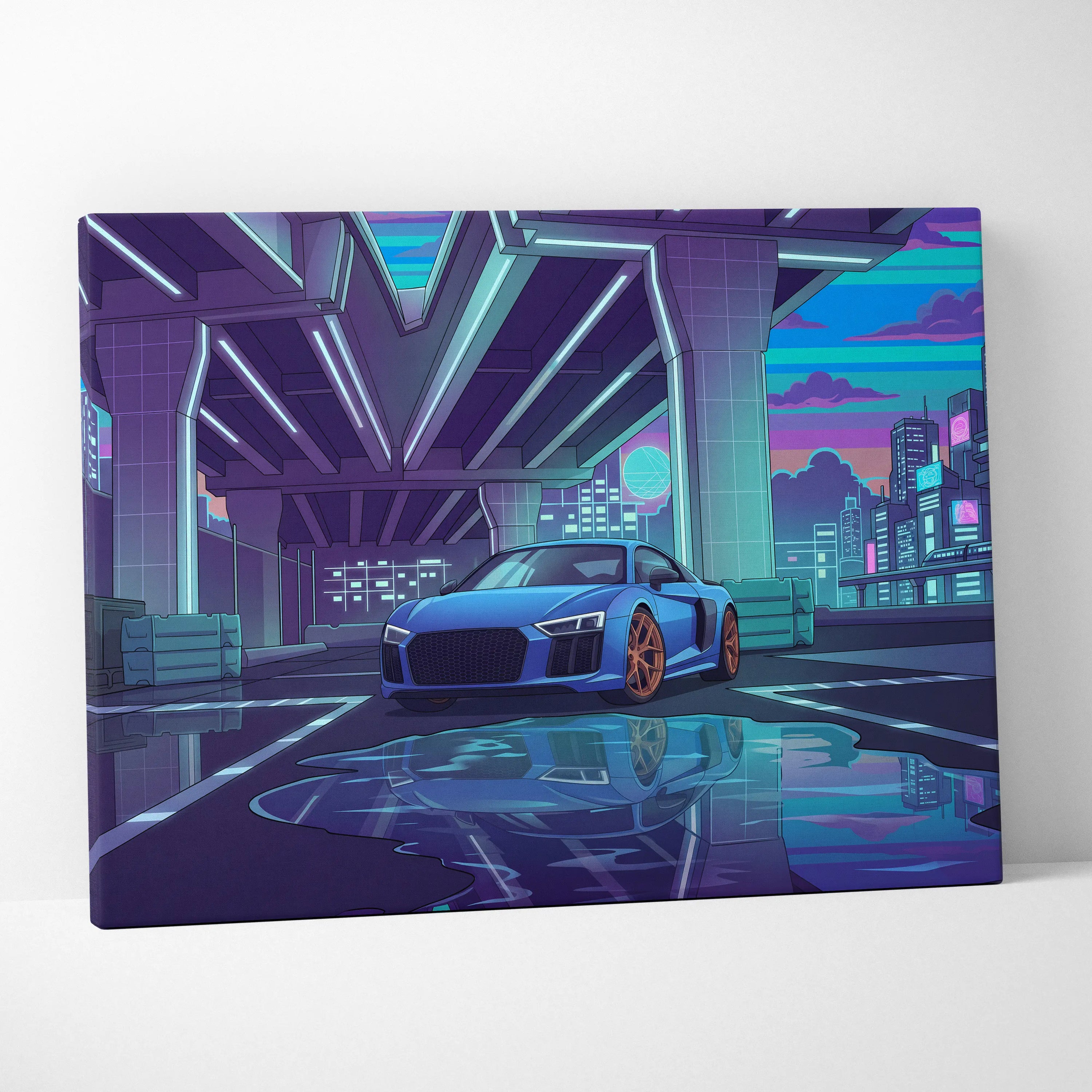 Audi R8 Inspired Vaporwave Car Canvas - Vaporwave Car, Purple Blue Neon, Living Room, Retro | Nostalgic Energy, Synthwave, Wall Art, Canvas