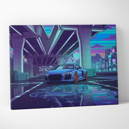 Audi R8 Inspired Vaporwave Car Canvas - Vaporwave Car, Purple Blue Neon, Living Room, Retro | Nostalgic Energy, Synthwave, Wall Art, Canvas